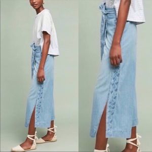 NWOT Anthropologie Pilcro Blue Chambray Wide Split Leg Beaded Embroidered Pants